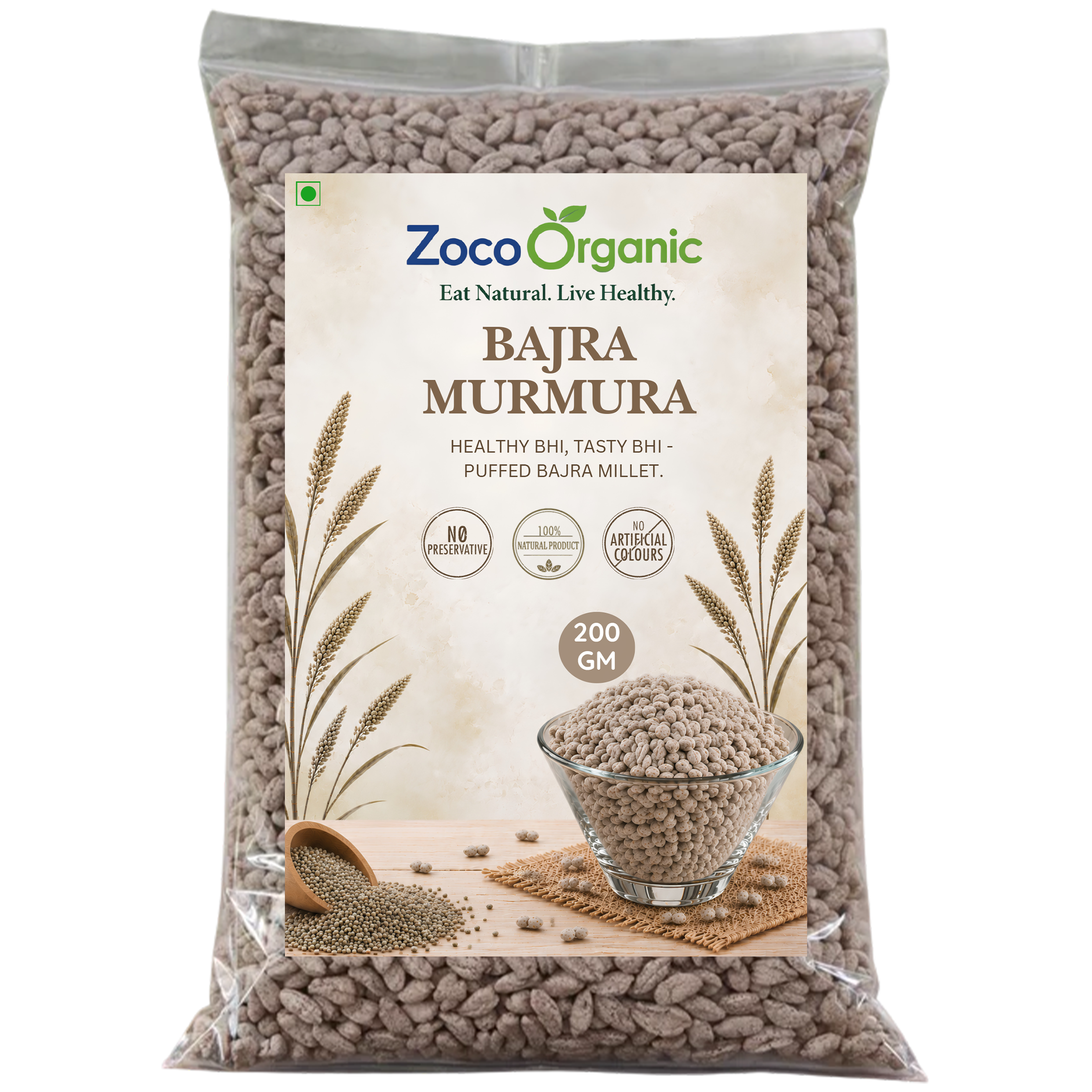 A 200g bag of Zoco Organic Bajra Murmura (puffed wheat flour) on a plain white background. The packaging features a beige label with illustrations of wheat stalks and a glass bowl filled with the flour.