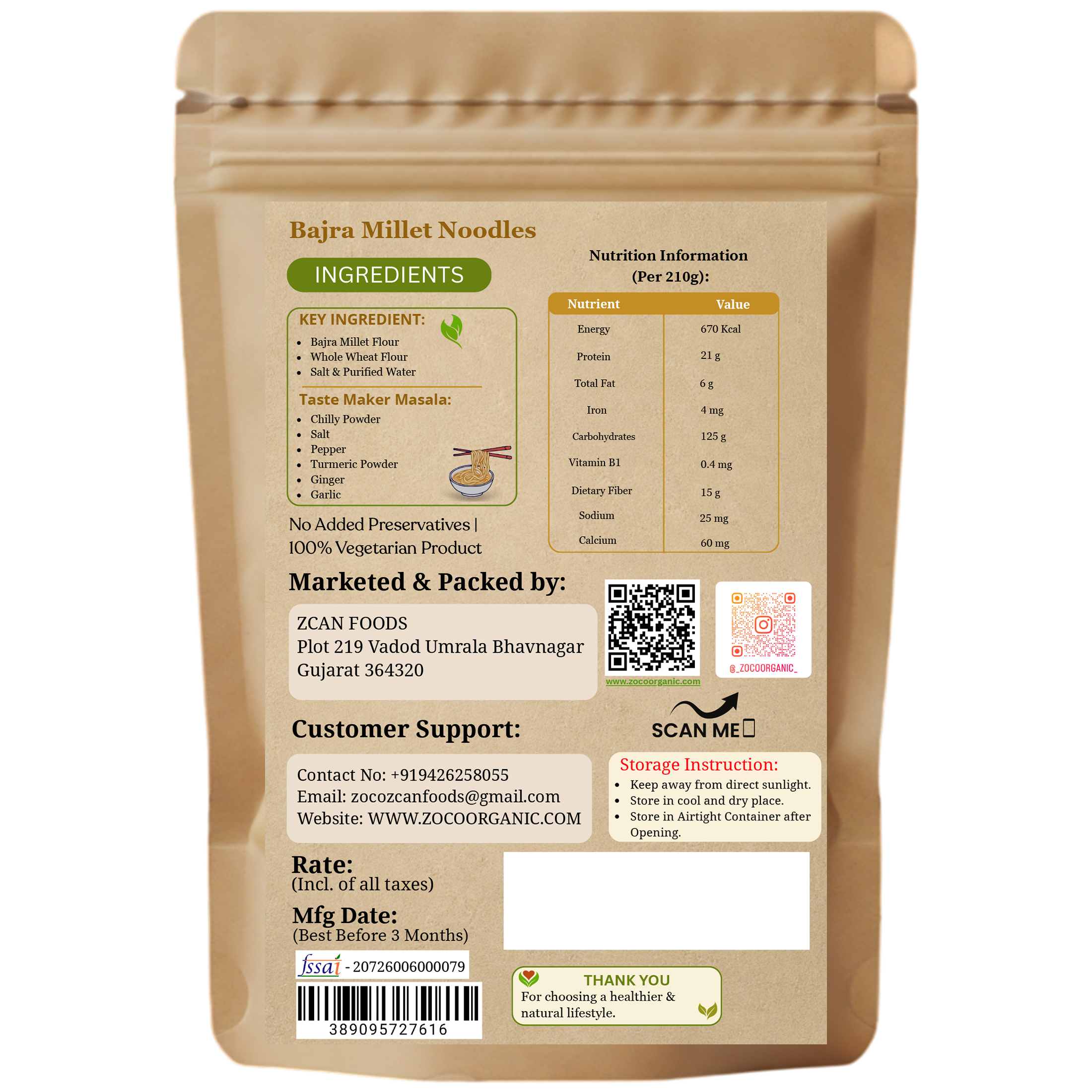 Bajra Millet Noodles | No Maida, No Preservatives, Non-Fried | Healthy Instant Millet Noodles | 210g