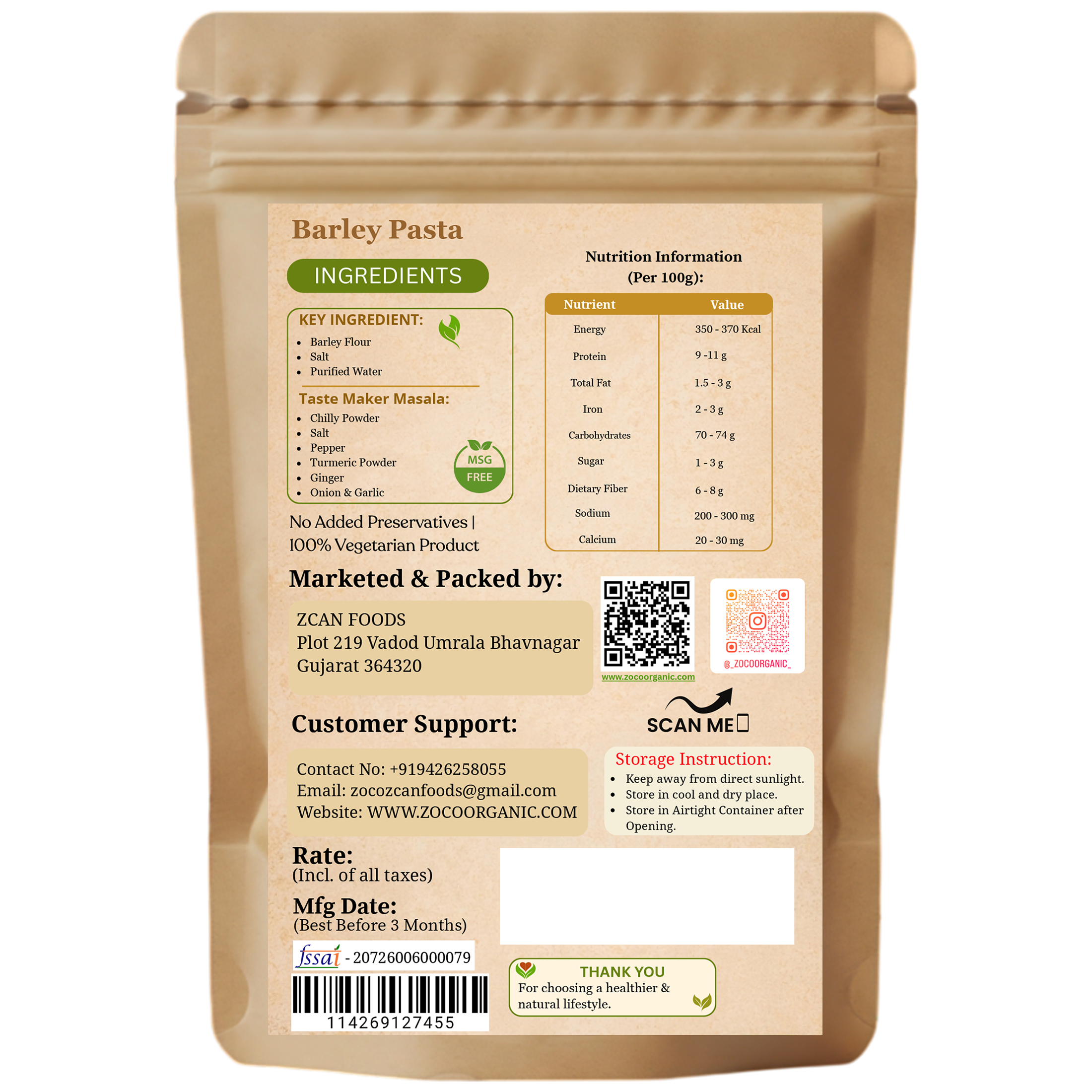 Barley Pasta (200g) | No Maida | 100% Natural | Healthy High-Fiber Pasta