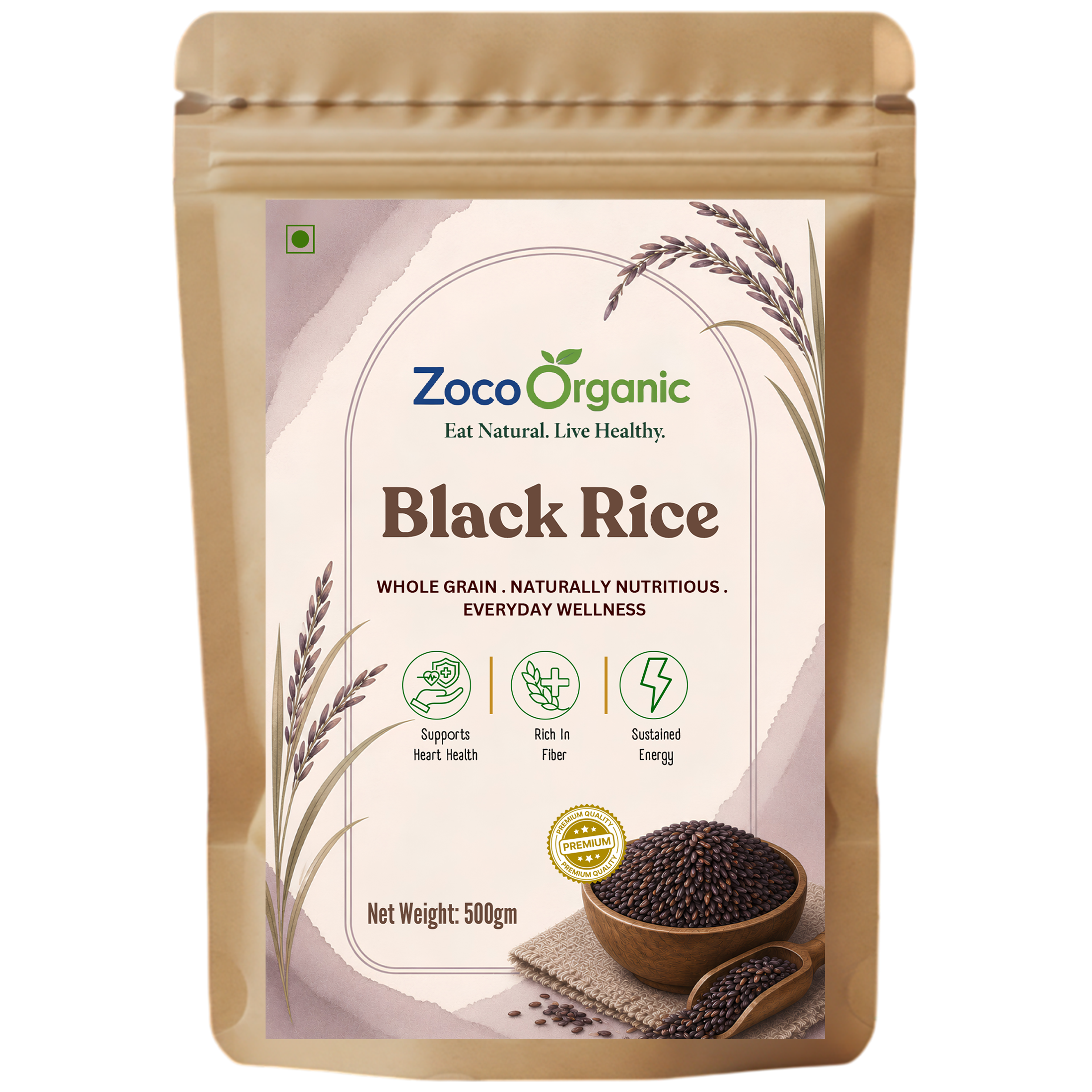Zoco Organic Black Rice in a 500g stand-up pouch. The packaging is beige with a large white label featuring the brand name, product name, and a bowl of black rice grains.