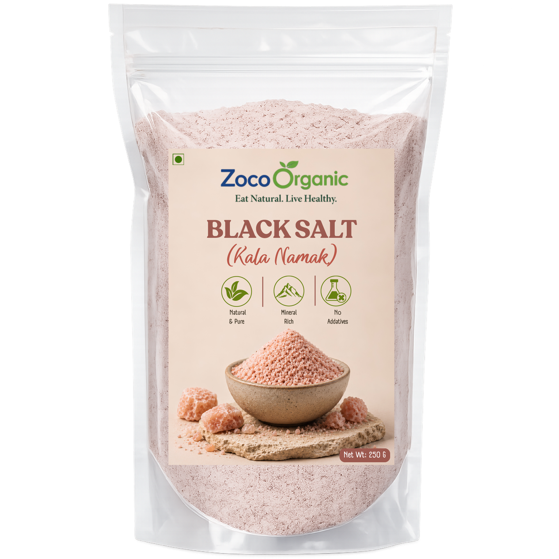 Zoco Organic Black Salt (Kala Namak) in a 220g resealable stand-up pouch, featuring a beige label with product details and a photo of pinkish salt crystals.