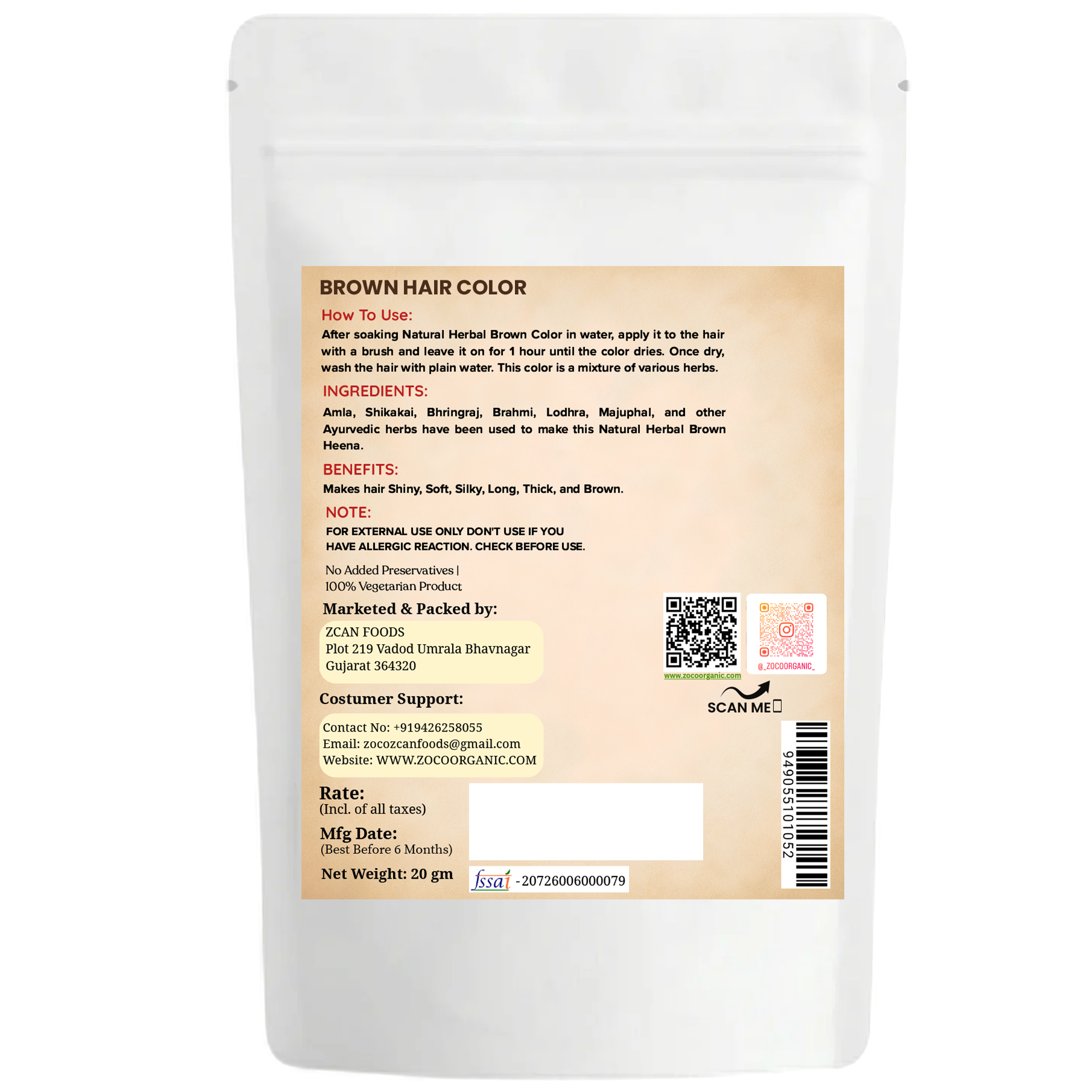A white stand-up pouch package for brown hair color, shown from the back side with printed text, barcode, and a small QR code. The package is photographed on a plain white background.
