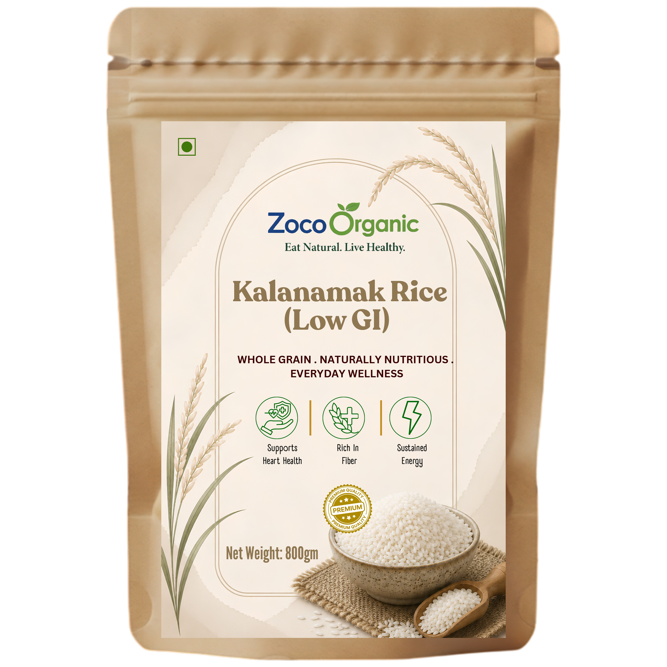 Zoco Organic Kalanamak Rice (Low GI) in a 800g stand-up pouch. The packaging is beige with a central cream-colored label featuring green and blue branding, illustrations of rice stalks, and a bowl of white rice grains.