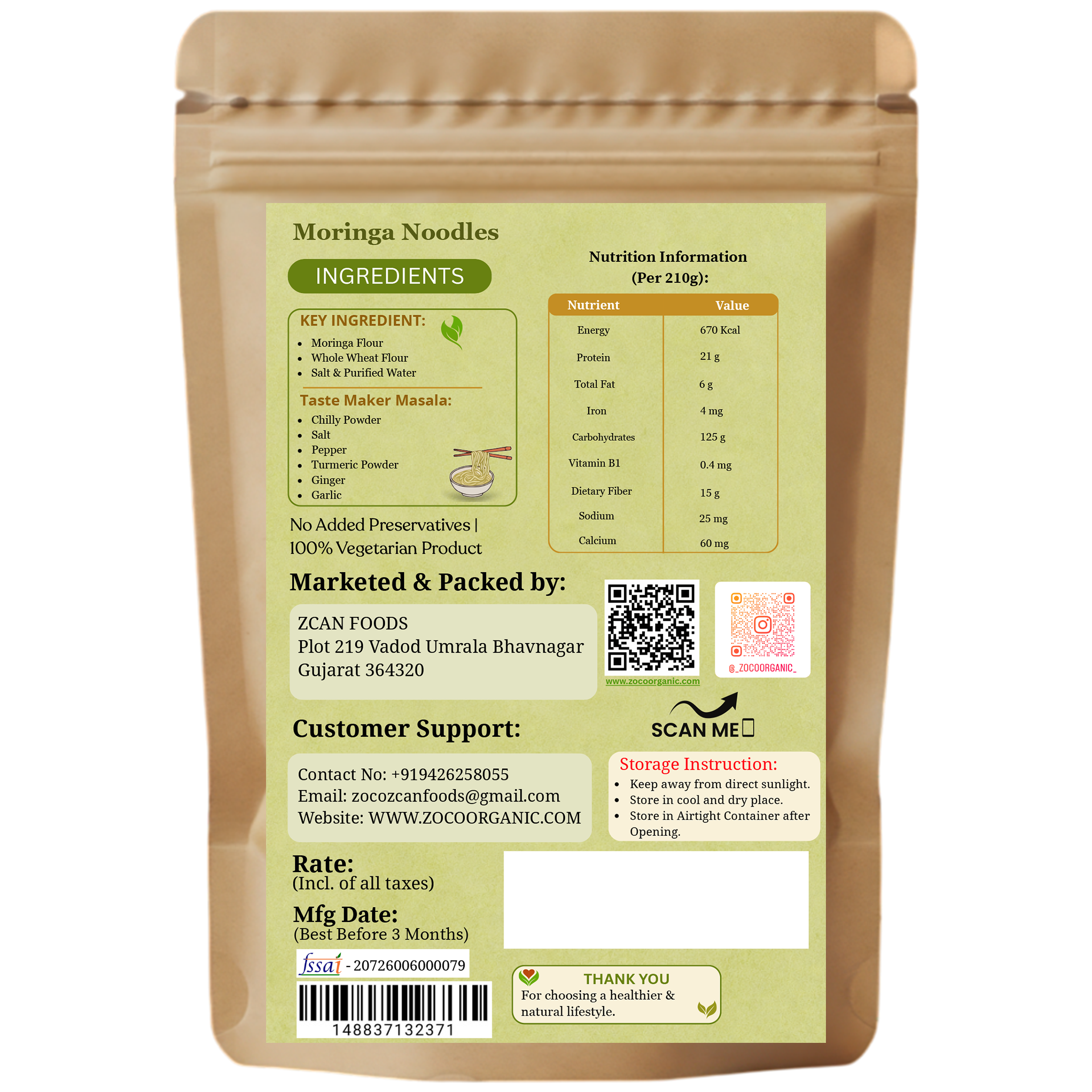 Moringa Noodles | No Maida | No Preservatives | Not Fried | Healthy Instant Noodles (210g)