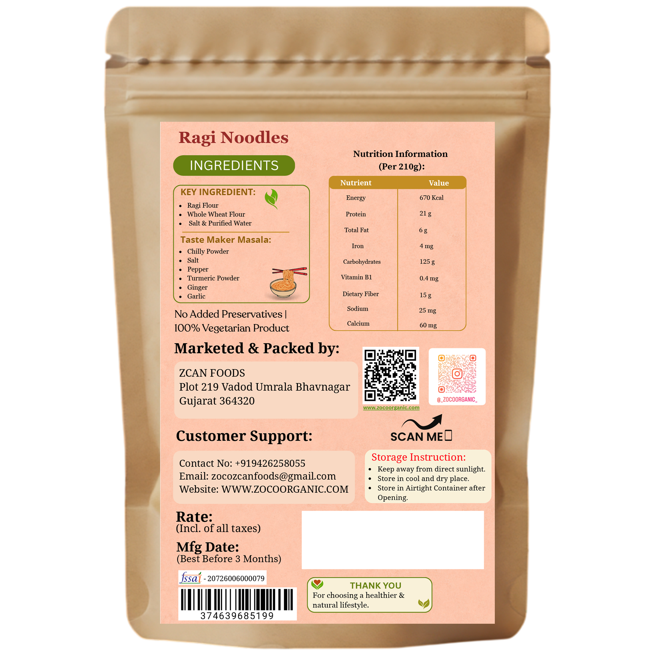 Ragi Millet Noodles | No Maida, No Preservatives, Non-Fried | Healthy Instant Finger Millet Noodles | 210g