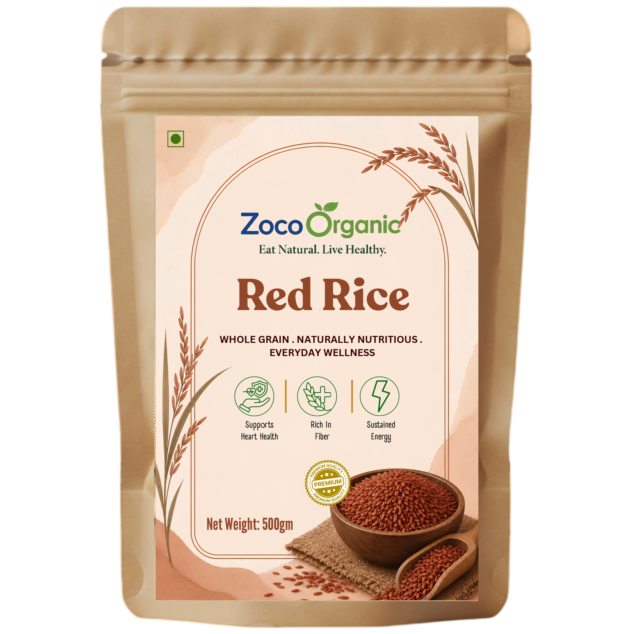 Zoco Organic Red Rice in a 500g stand-up pouch. The packaging is beige with a large cream-colored label featuring illustrations of wheat stalks, green and blue brand text, and a bowl of red rice grains.