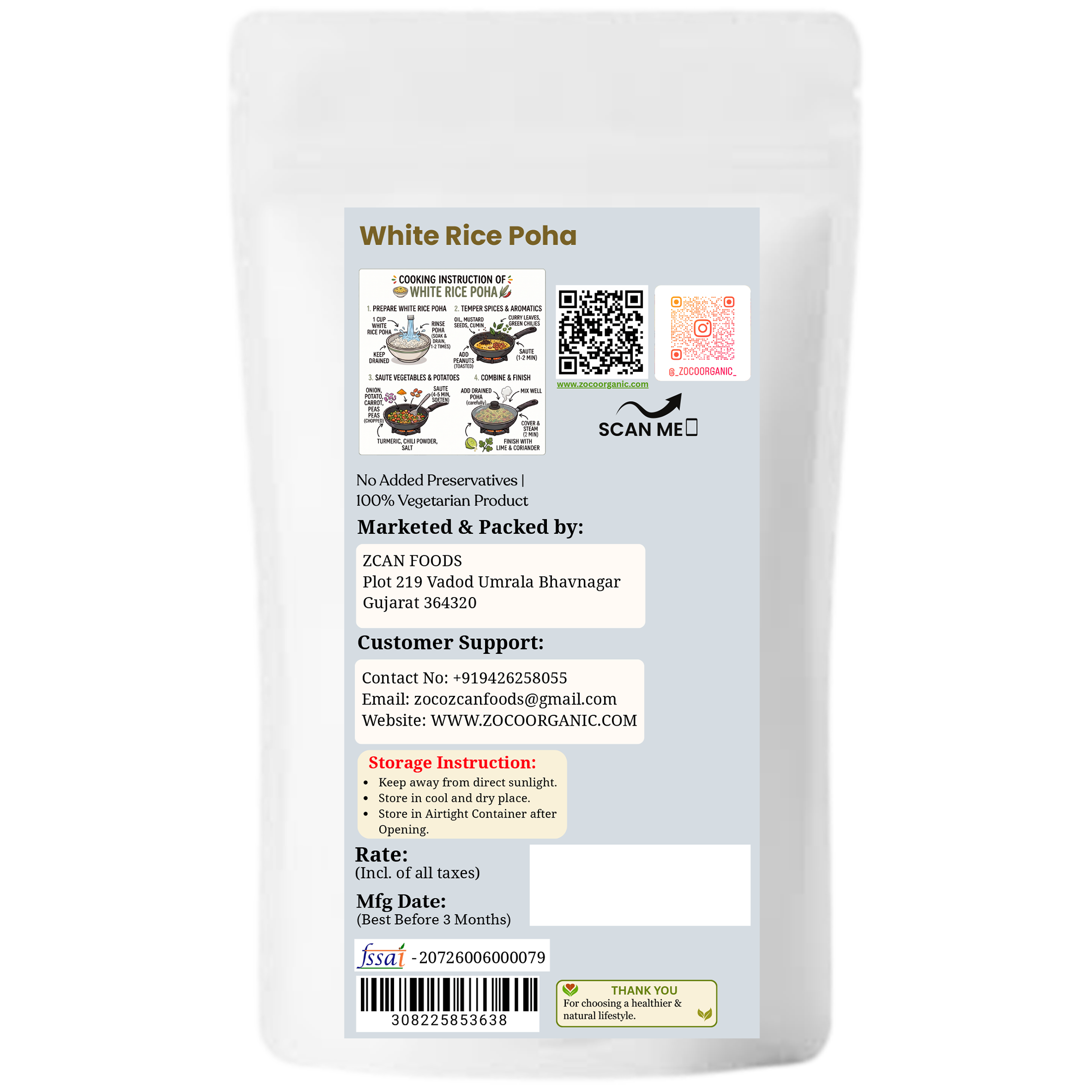 White Rice Poha | 100% Natural Flattened Rice | Light & Easy to Digest | Healthy Breakfast | Soft Texture | 250g