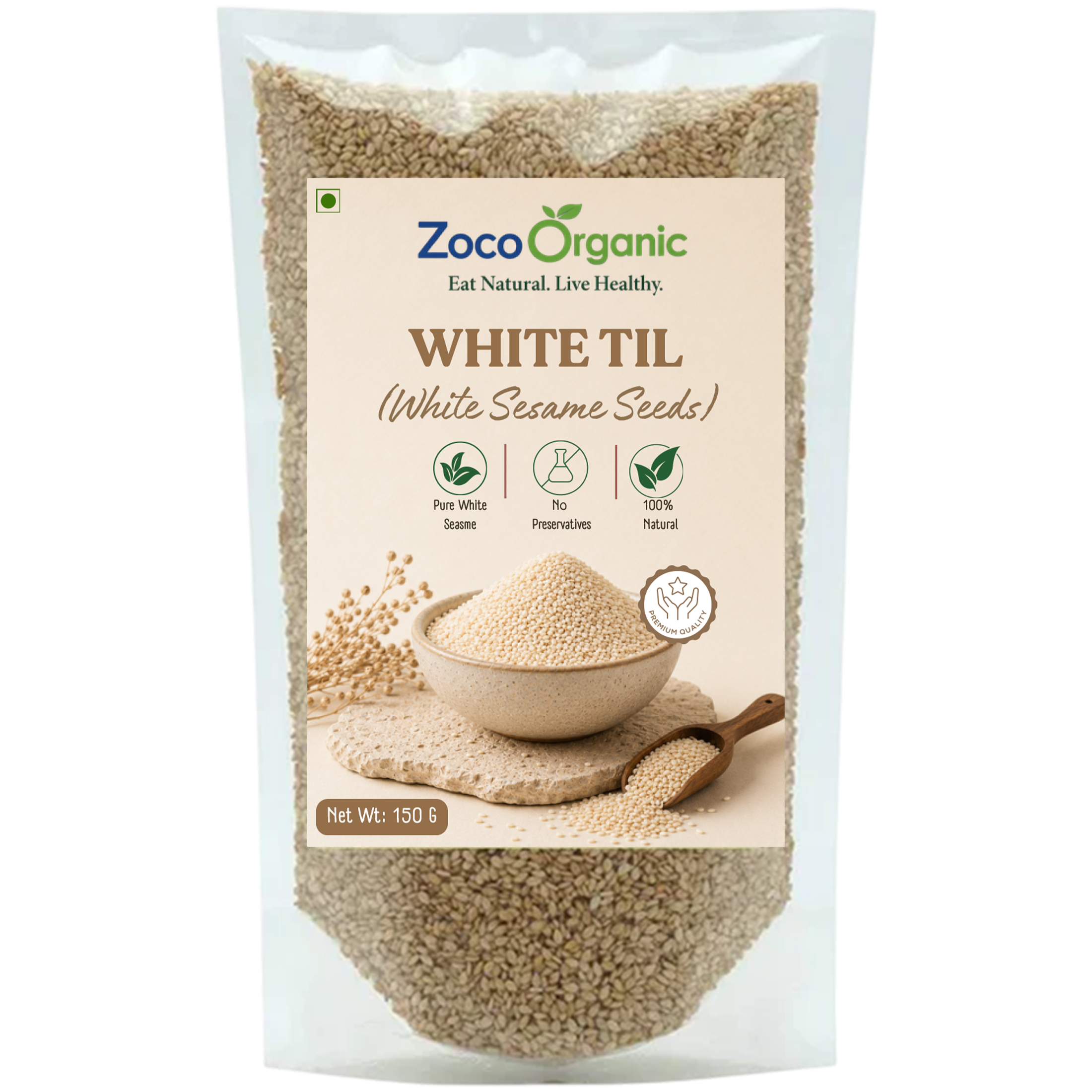 Zoco Organic White Til (White Sesame Seeds) in a 150g stand-up pouch, shown against a plain white background.